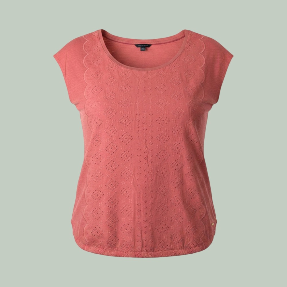 Tommy Hilfiger Eyelet Lace Top L Coral Pink Boho Scalloped Slub Knit Tee